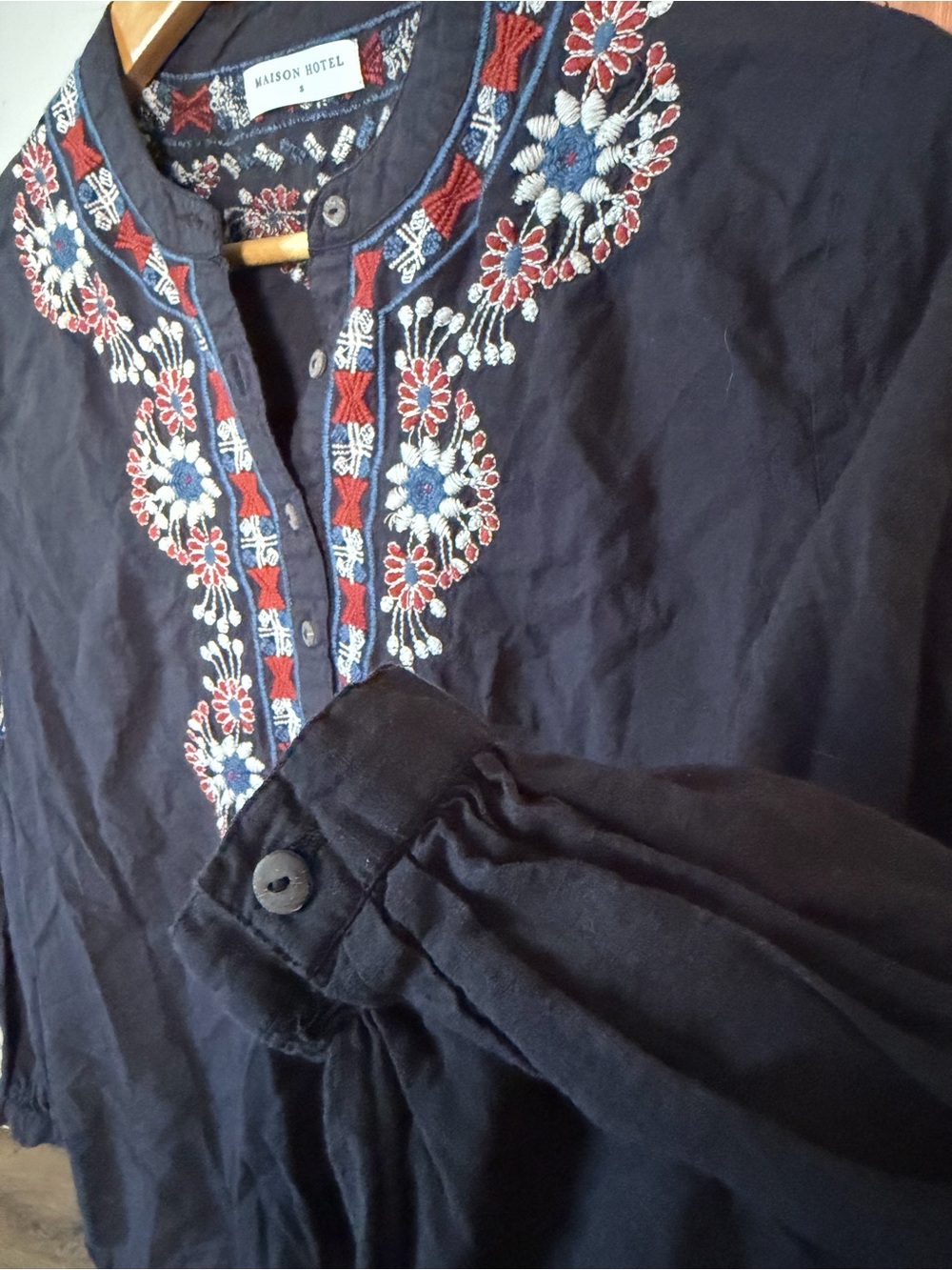 Maison Hotel Embroidered 100% Cotton Blouse - Black - Size S - Picture 5 of 7